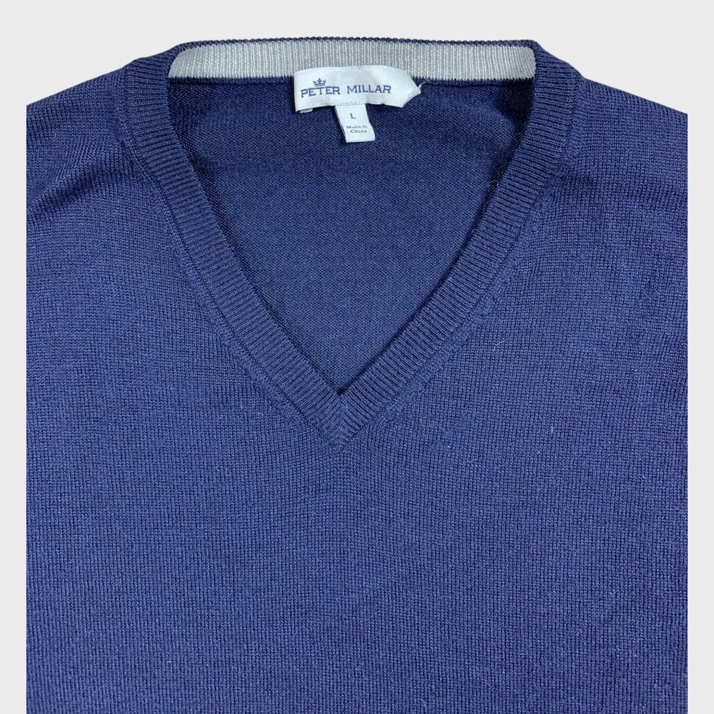 Peter Millar V-Neck‎ Sweater Mens L Navy Crown Soft Merino Silk Essential Knit